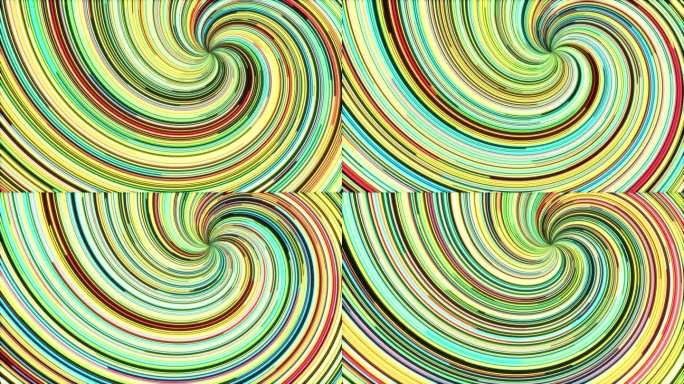 抽象的彩色霓虹线条扭曲流动的种族背景环。旋转光线明亮无缝动画背景。扭转创意跑线运动设计。