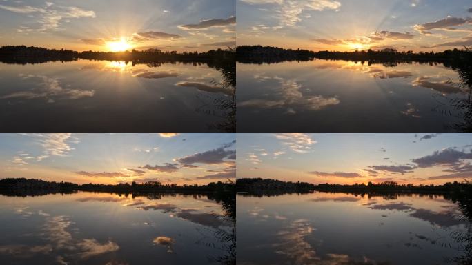 延时拍摄湖边夕阳西下