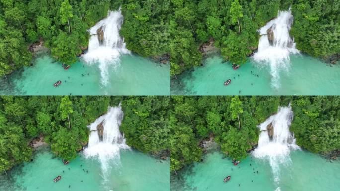 鸟瞰印尼东部流入海洋的瀑布