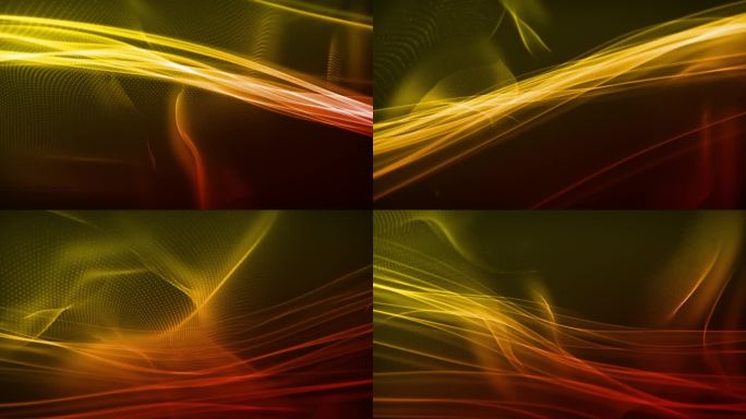 红黄几何丝波抽象粒子背景。鲜艳的颜色流体颗粒。抽象运动设计背景闪亮的霓虹粒子。背景与美丽的散景。3d