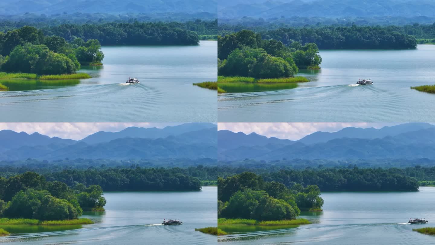 信阳南湾大坝南湾水库航拍南湾水库大景游船