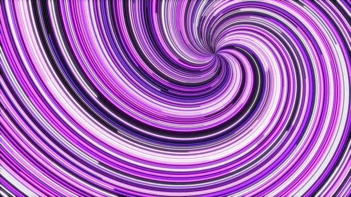 抽象紫罗兰色霓虹线扭曲流动的种族背景环。旋转光线明亮无缝动画背景。扭转创意跑线运动设计。