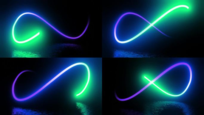 无限符号出现多个发光的线条，动画的人物。新兴的发光梯度彩虹色无限标志在黑色的背景下，从许多线。线条画