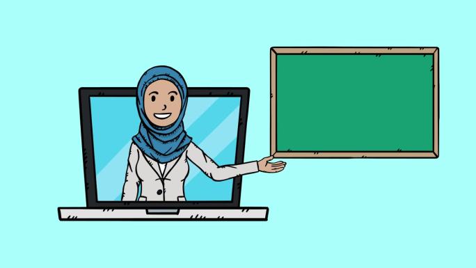 一位戴着头巾的穆斯林教师在网上授课。
这名女子在笔记本电脑屏幕上展示了自己，旁边出现了一块白板。动画