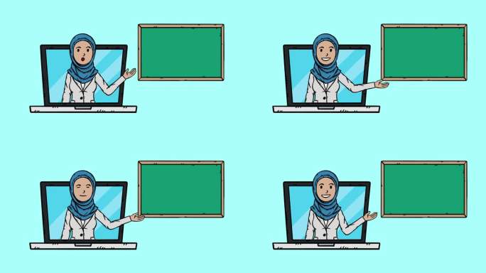 一位戴着头巾的穆斯林教师在网上授课。
这名女子在笔记本电脑屏幕上展示了自己，旁边出现了一块白板。动画