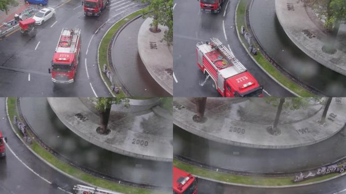风雨中连续行驶的救火车消防车