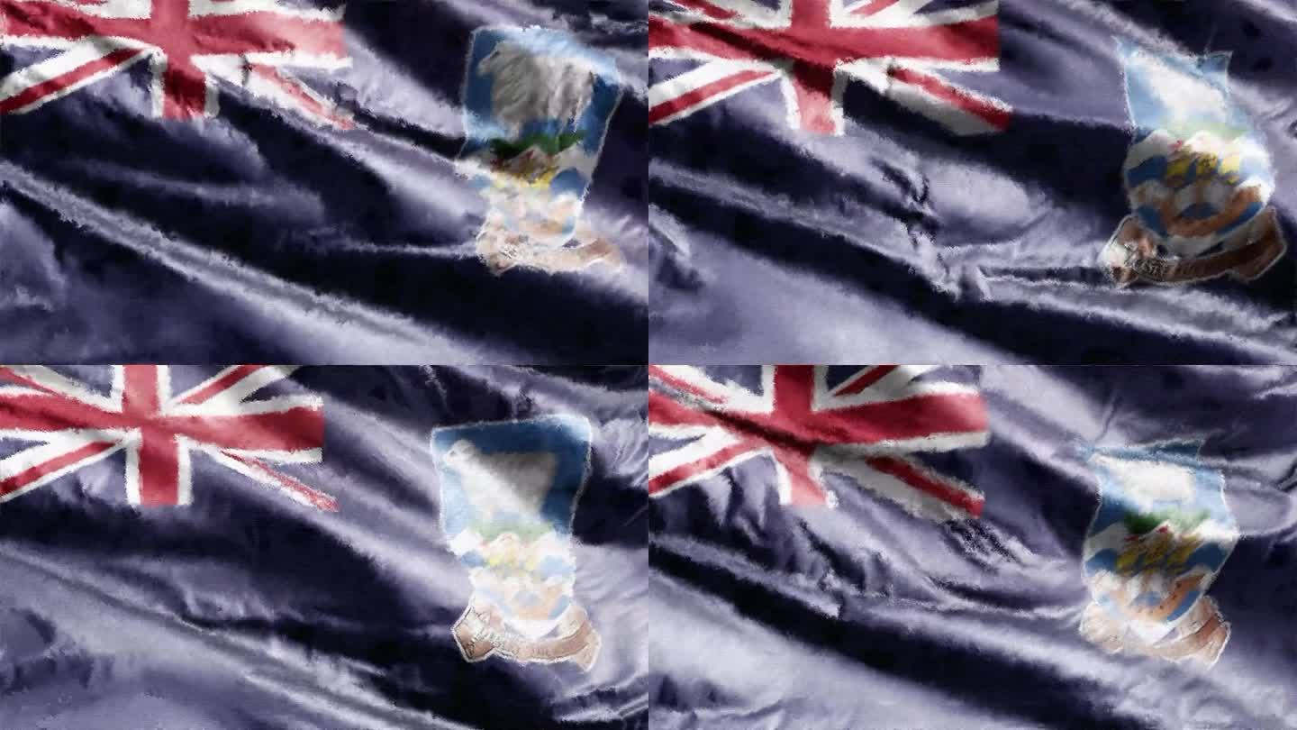 油画福克兰群岛旗帜帆布迎风飘扬。画着彩绘的横幅在微风中摇曳。无缝循环。