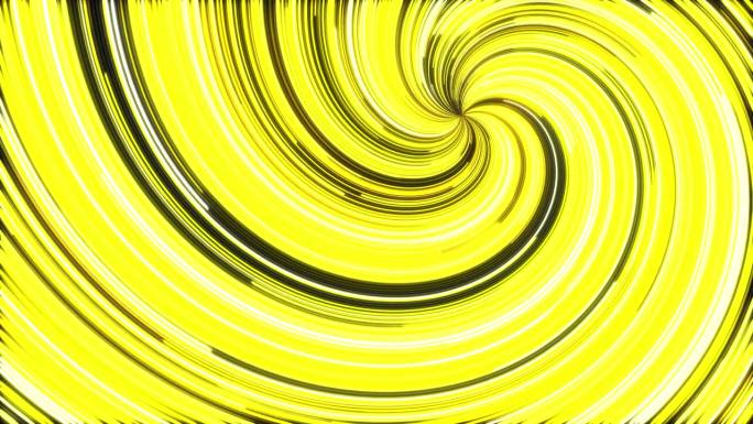 抽象的黄色霓虹线条扭曲流动的种族背景环。旋转光线明亮无缝动画背景。扭转创意跑线运动设计。