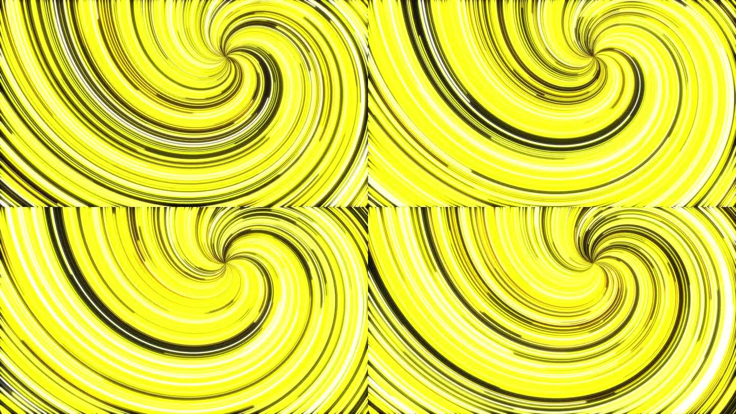 抽象的黄色霓虹线条扭曲流动的种族背景环。旋转光线明亮无缝动画背景。扭转创意跑线运动设计。