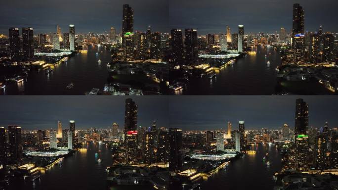 泰国曼谷夜游湄南河城市高楼夜景航拍风光