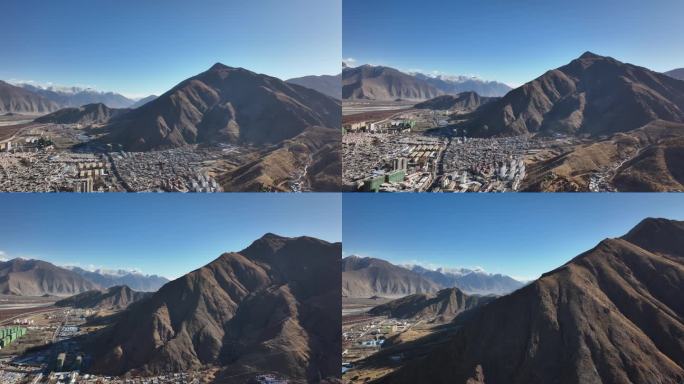 西藏山南航拍全景 群山环绕的高原城市