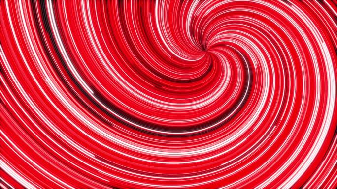抽象的红色霓虹线条扭曲流动的种族背景环。旋转光线明亮无缝动画背景。扭转创意跑线运动设计。