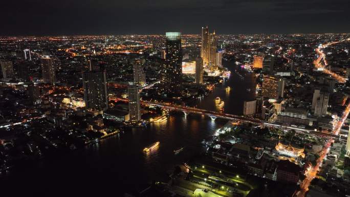 泰国曼谷夜游湄南河城市高楼夜景航拍风光