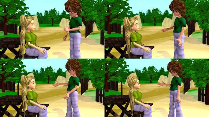 3d动画，两个卡通人物在公园或森林的小路上说话