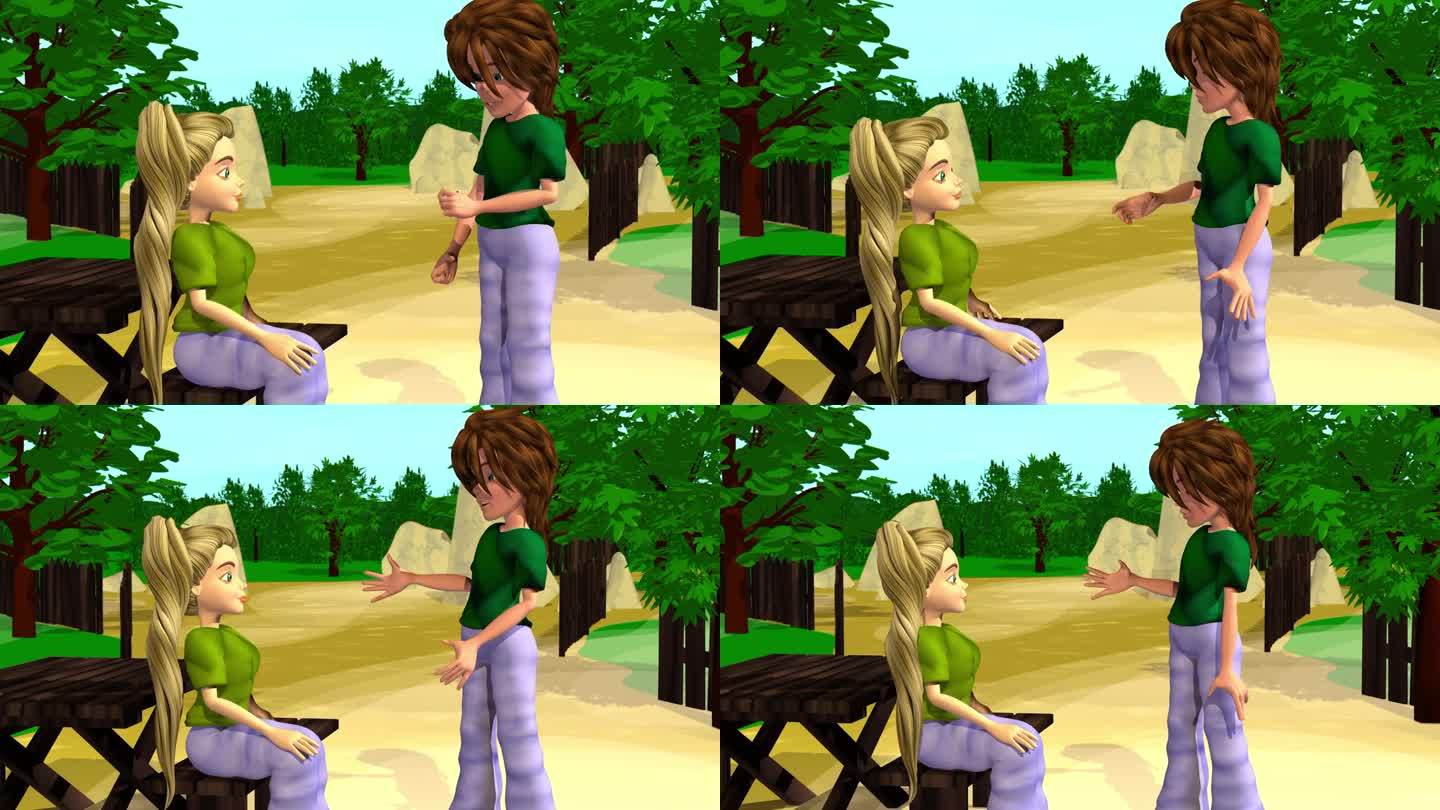 3d动画，两个卡通人物在公园或森林的小路上说话