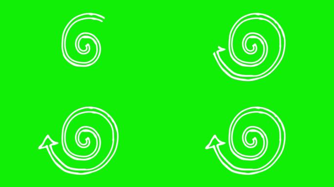 绘制螺旋箭头的白色动画图标。线性图标。毛圈的视频。手绘矢量插图隔离在绿色背景。