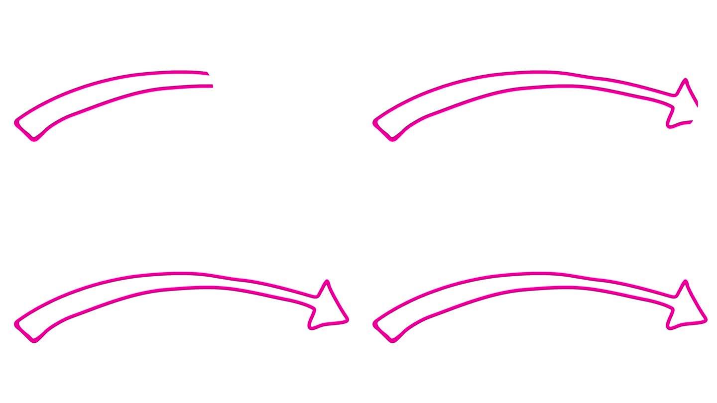 动画线性洋红色箭头符号绘制。手绘的粉色箭头指向右边。矢量插图隔离在白色背景上。