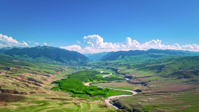 新疆北疆伊犁阔克苏大峡谷航拍蓝天草原河流