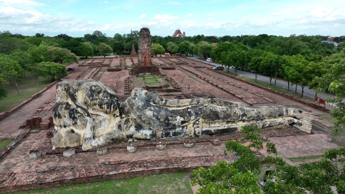 泰国大城府阿瑜陀耶遗址卧佛寺航拍