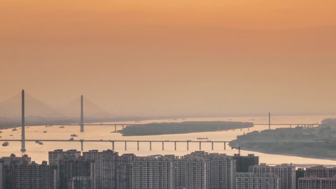 九江二桥与鳊鱼洲大桥黄昏航拍延时