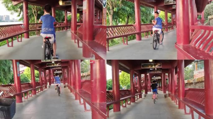 骑自行车的小孩子在长廊骑车小朋友自行车
