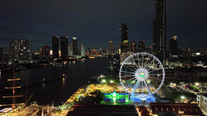 泰国曼谷湄南河亚洲河滨夜市航拍风光