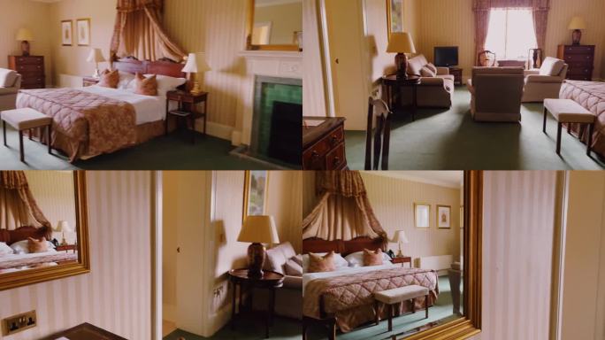 宽敞的豪华卧室在英国乡村酒店，配有豪华床上用品和优雅的装饰