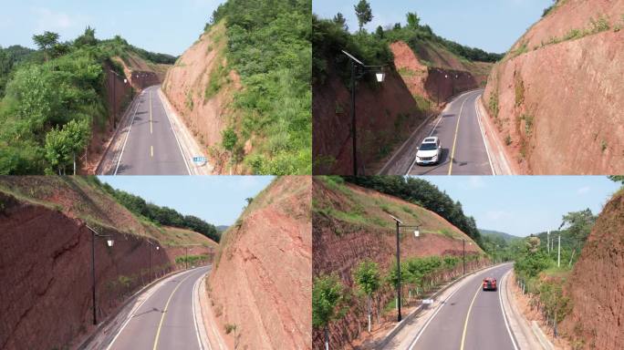 乡村公路汽车穿越山体峡谷