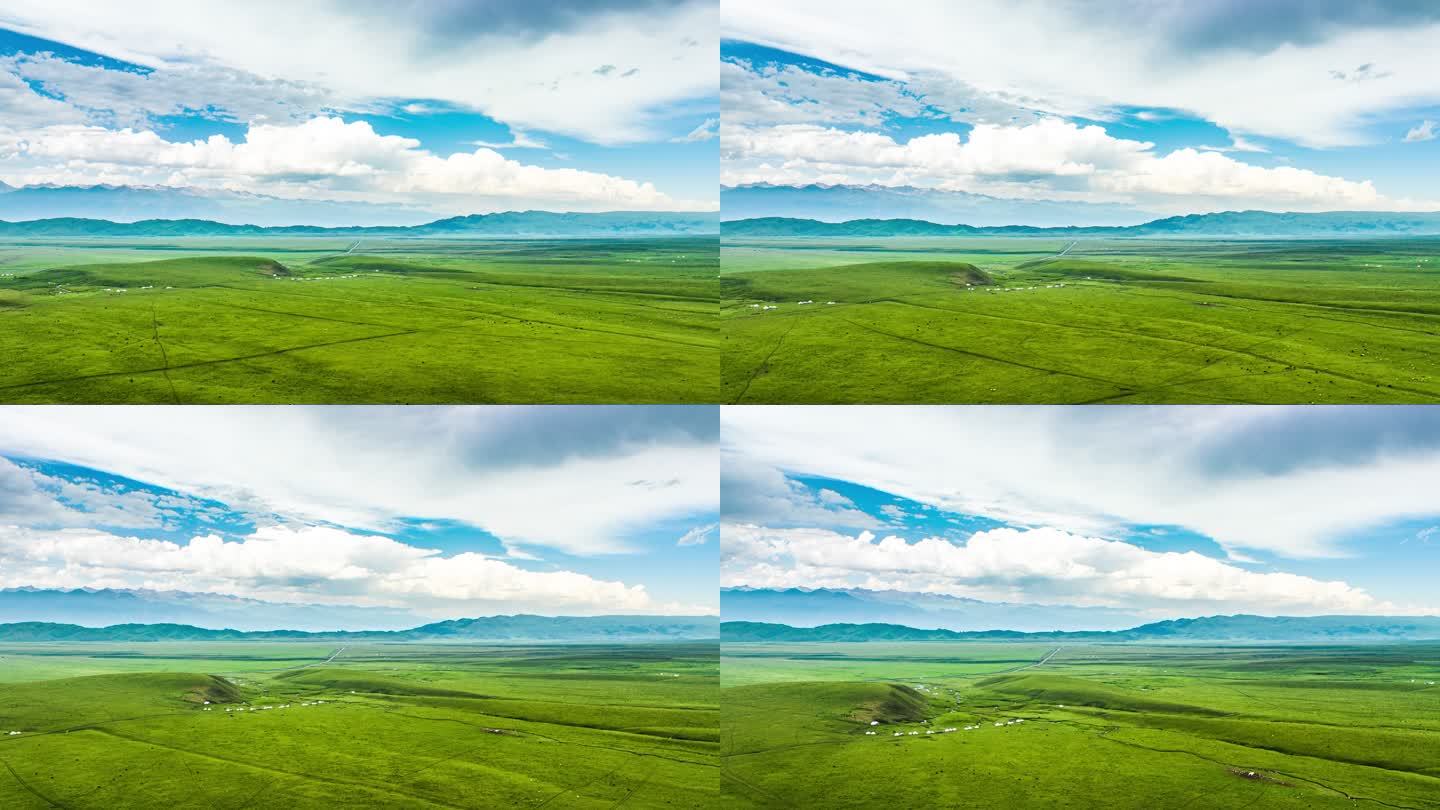 新疆伊犁那拉提草原蓝天白云航拍