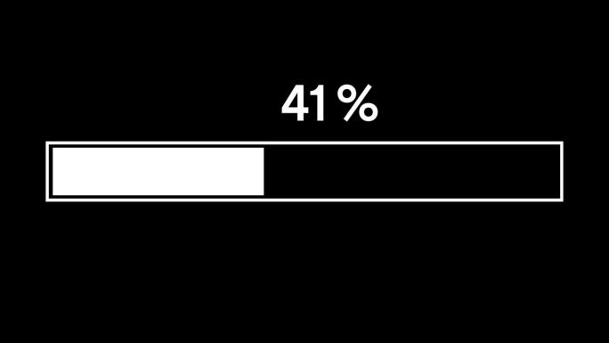 简单的白色进度或加载器条动画。加载器条从零到百分之百的黑色背景。4K分辨率动画