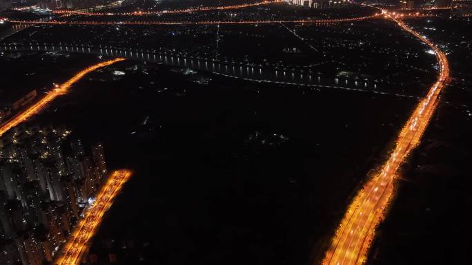 延时航拍城市上空夜景长沙星沙联络线万家丽