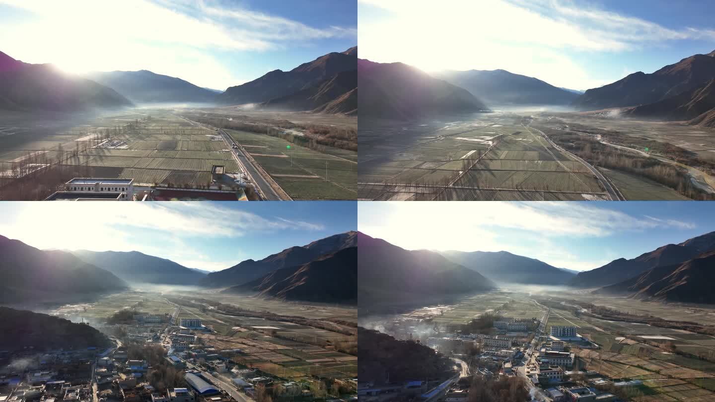 清晨云雾中的西藏乡村 朝阳中的高原农田