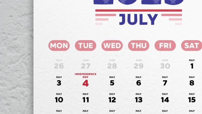 特写2023年7月的日历，镜头移到独立日日期