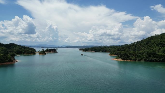 绿色湖水   湖中游船