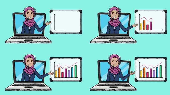 穆斯林女商人视频聊天展示数据。数据显示在一张挂图上。手绘动画。