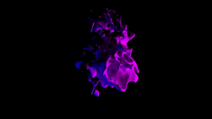 在孤立的黑色背景上，以紫色和蓝色渐变的小球或气泡粒子为基础，三维渲染爆炸过程中的三维球的抽象艺术视频