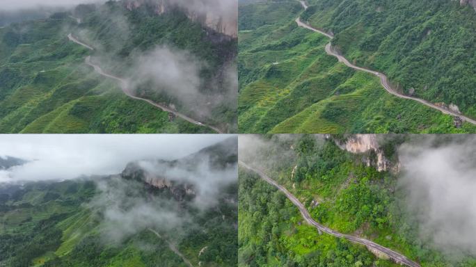 4k云海穿梭山路 梯田 乡村振兴