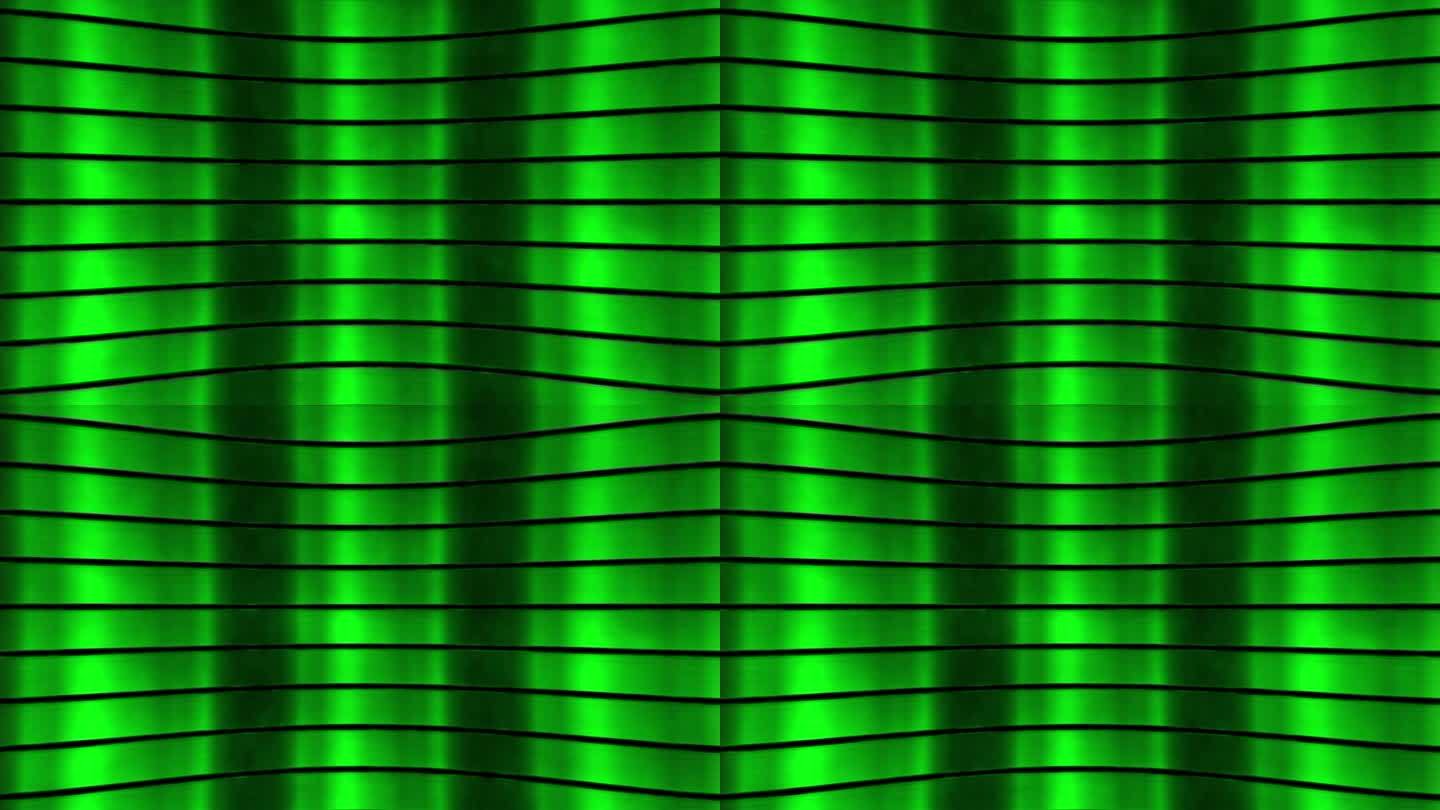 绿色金属条纹反射铁抽象无缝背景金属光谱工业动画荧光灯4k发光金属铁不锈钢抽象背景网霓虹灯盒图案LED
