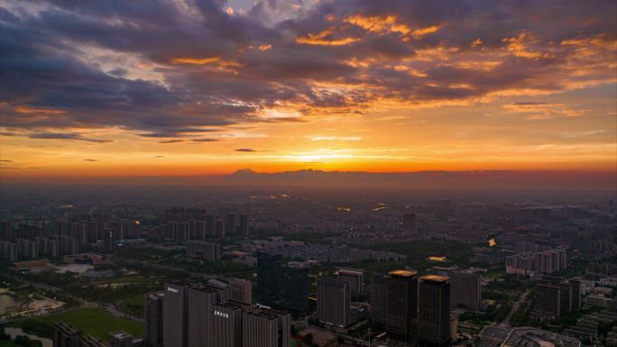 平湖城市大景日落火烧云