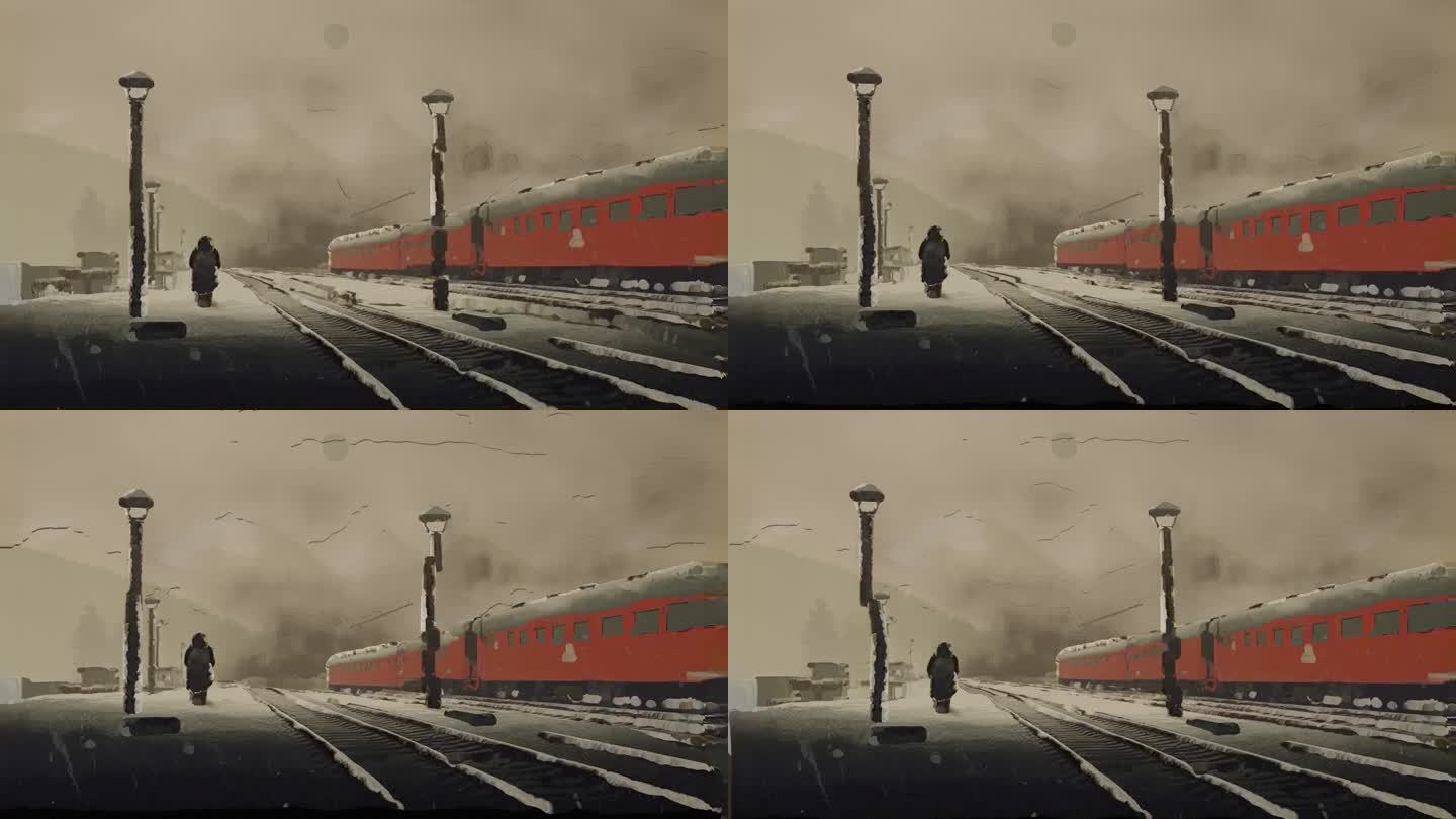 高达4K分辨率，冬季火车经过的铁路道口风景，3D点云动画，在Blender中渲染