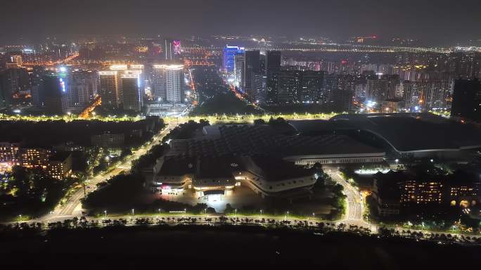 海南海口市国际会议中心夜景延时航拍