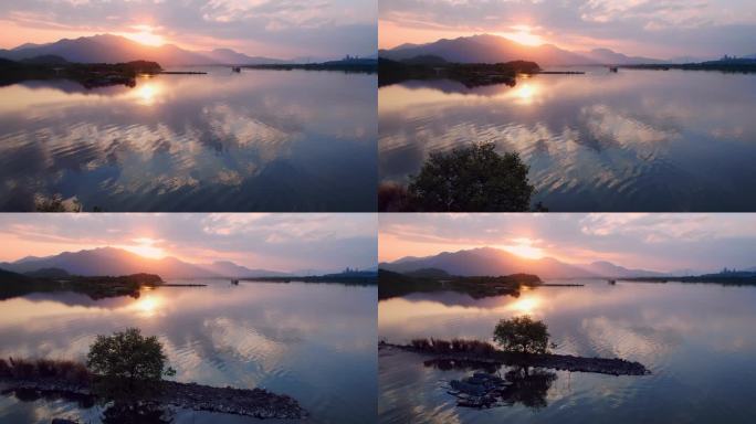 江面日落夕阳海天一色航拍风景