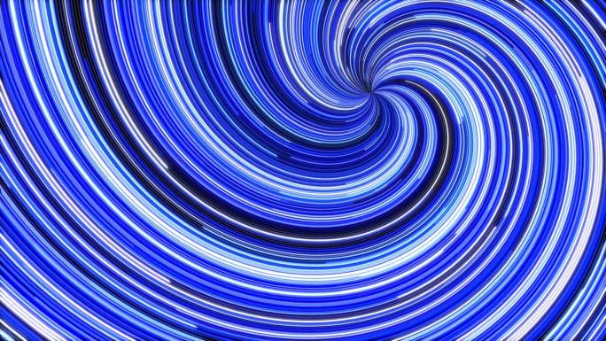 抽象的蓝色霓虹线条扭曲流动的种族背景环。旋转光线明亮无缝动画背景。扭转创意跑线运动设计。