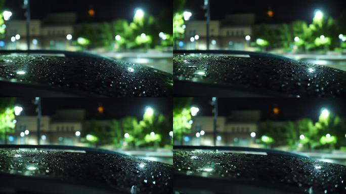 雨点落在车顶上。光雨。水坑与灯光反射在城市人行道上。路灯。雨滴与路灯。