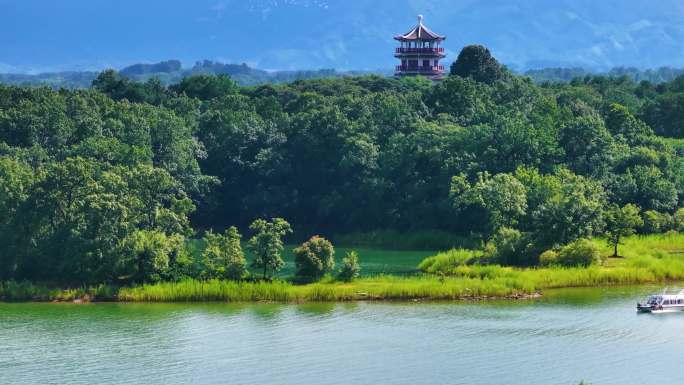 南湾湖信阳南湾水库 大景游船 航拍浉源阁