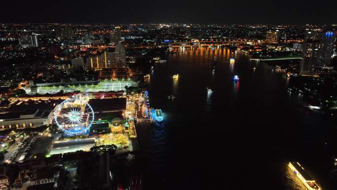 泰国曼谷湄南河亚洲河滨夜市航拍风光