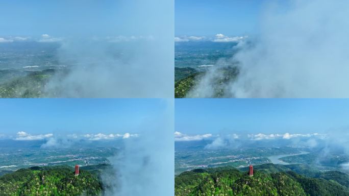 重庆北碚缙云塔日出云海航拍空镜