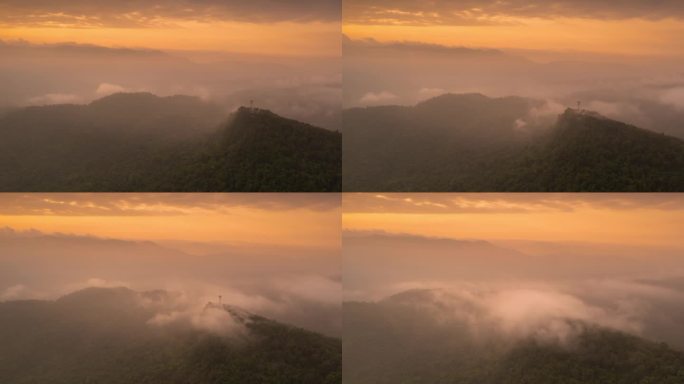 超缩视频，4K运动，鸟瞰图美丽的早晨景色，金色的日出在军事电信中心庞艾高山上，庞艾，梅莫，泰国南邦