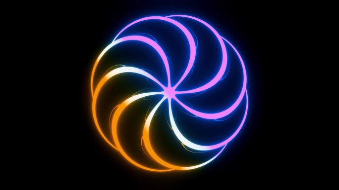 介绍动画或标志显示模板紫色和橙色。无缝循环3d渲染4K。平滑的催眠模式。黑色背景上的彩色环旋转。花瓣