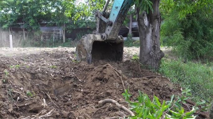 Makro挖树，挖树桩来调整地面以填满花园。摄于2023年6月7日，泰国Chokchai Nakho